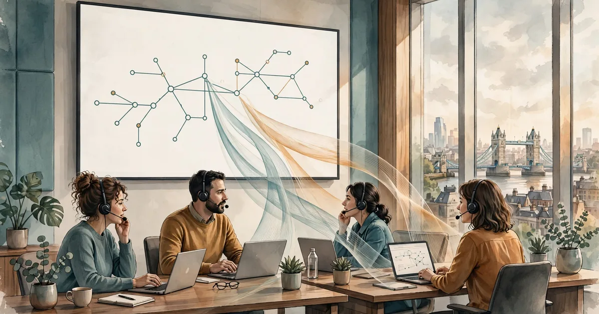 Illustration of employees in a London office speaking into headsets while sound waves converge into a roadmap diagram