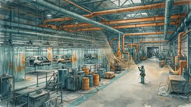 Illustration of a worker on a factory paint-shop floor speaking into a device, with sound waves rising