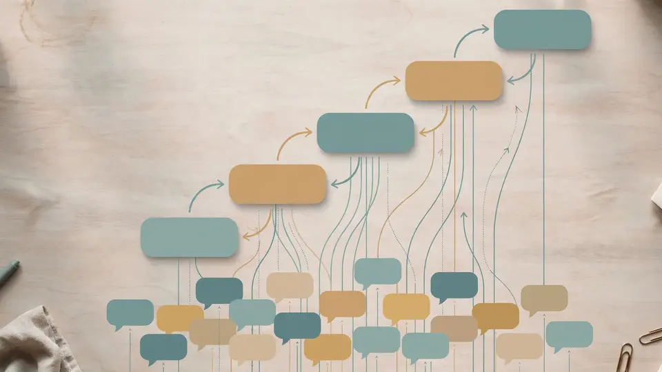 Illustration of many employee speech bubbles feeding into a prioritised roadmap of connected cards