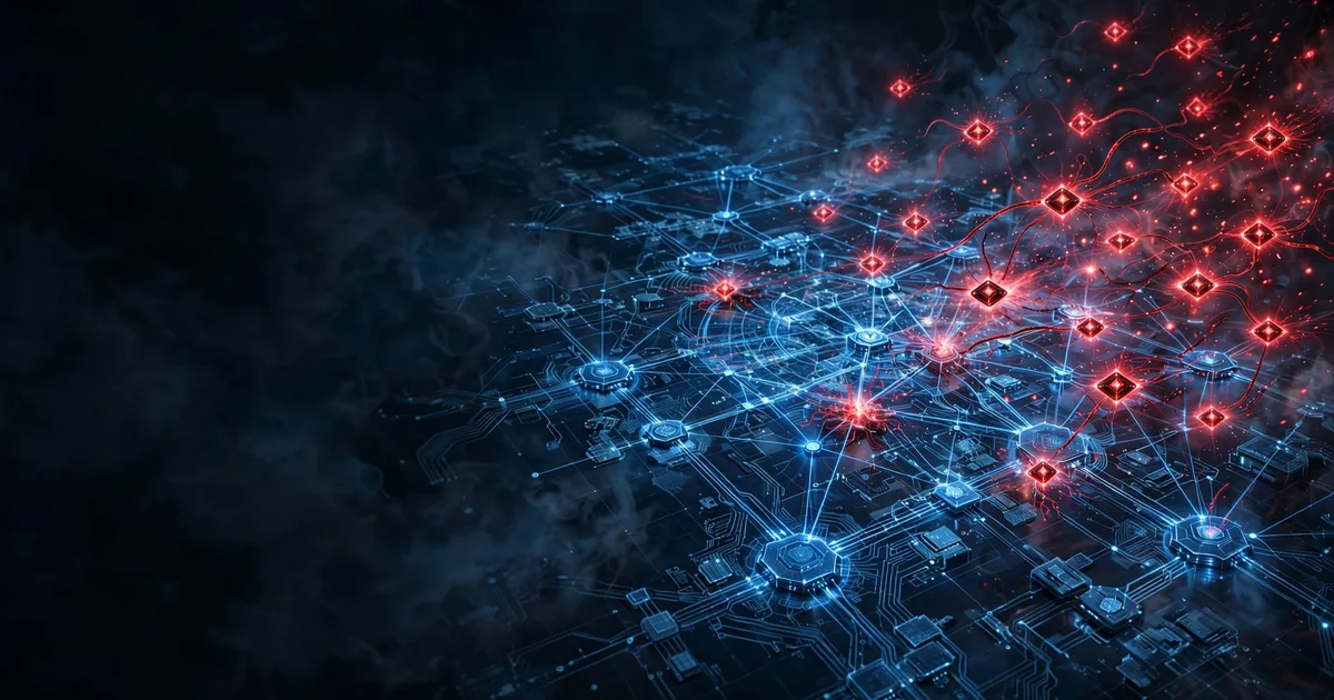 Editorial illustration of a swarm of glowing red AI agents infiltrating a blue corporate network map