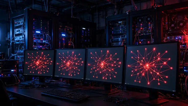 Editorial illustration of red attack-path graphs glowing across monitors in a dark server room