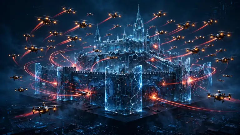 Editorial illustration of glowing drone-like agents tracing attack paths around a digital fortress