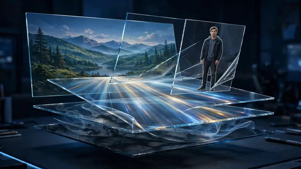 Translucent image layers — a mountain backdrop, a cut-out actor, light and shadow layers — stacking apart over a dark digital canvas
