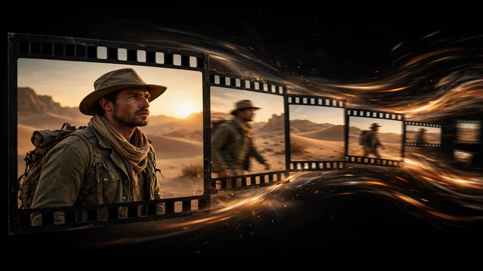 A golden-hour film frame of a desert explorer dissolving into a flowing ribbon of filmstrip frames