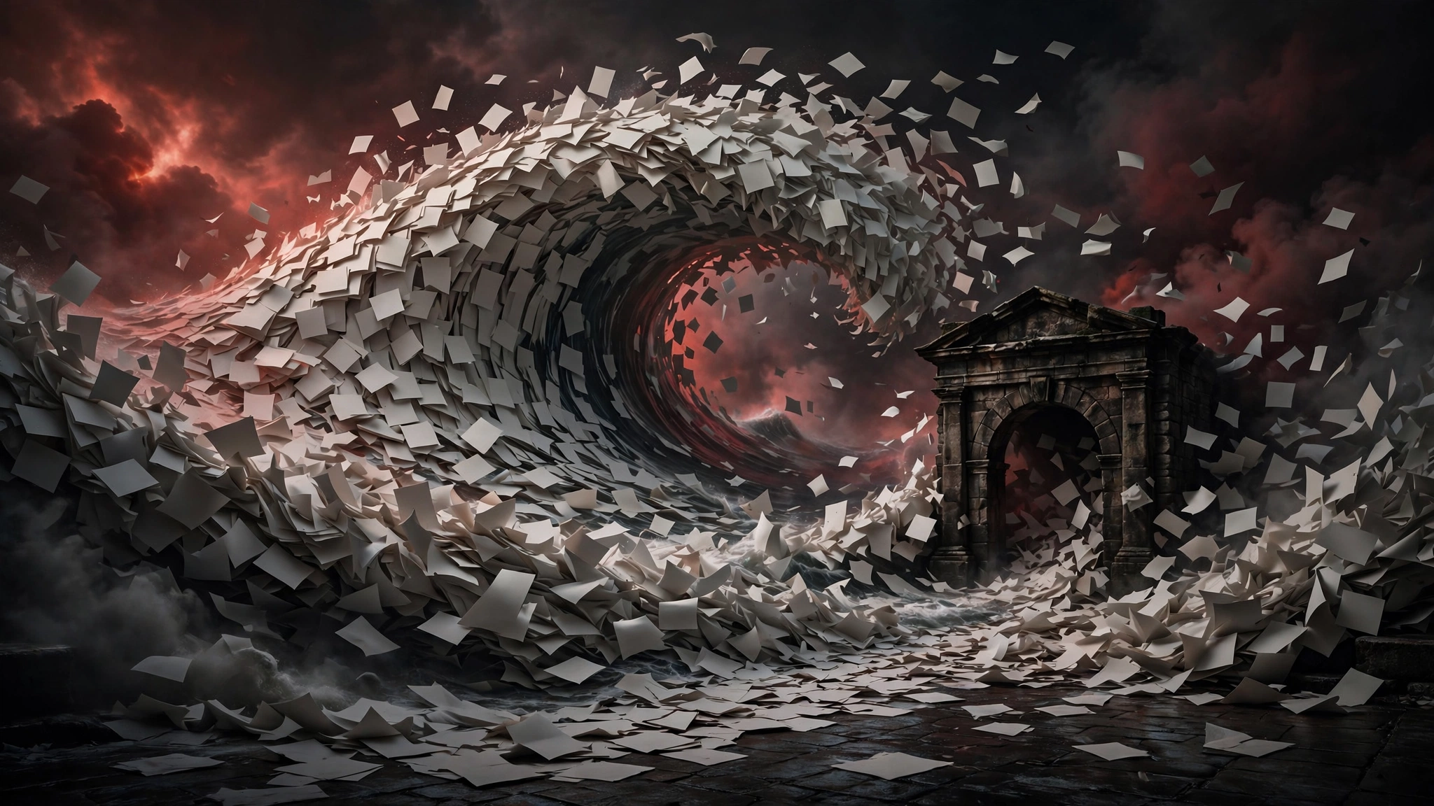 Editorial illustration of a tidal wave of research paper sheets flooding toward a stone archway