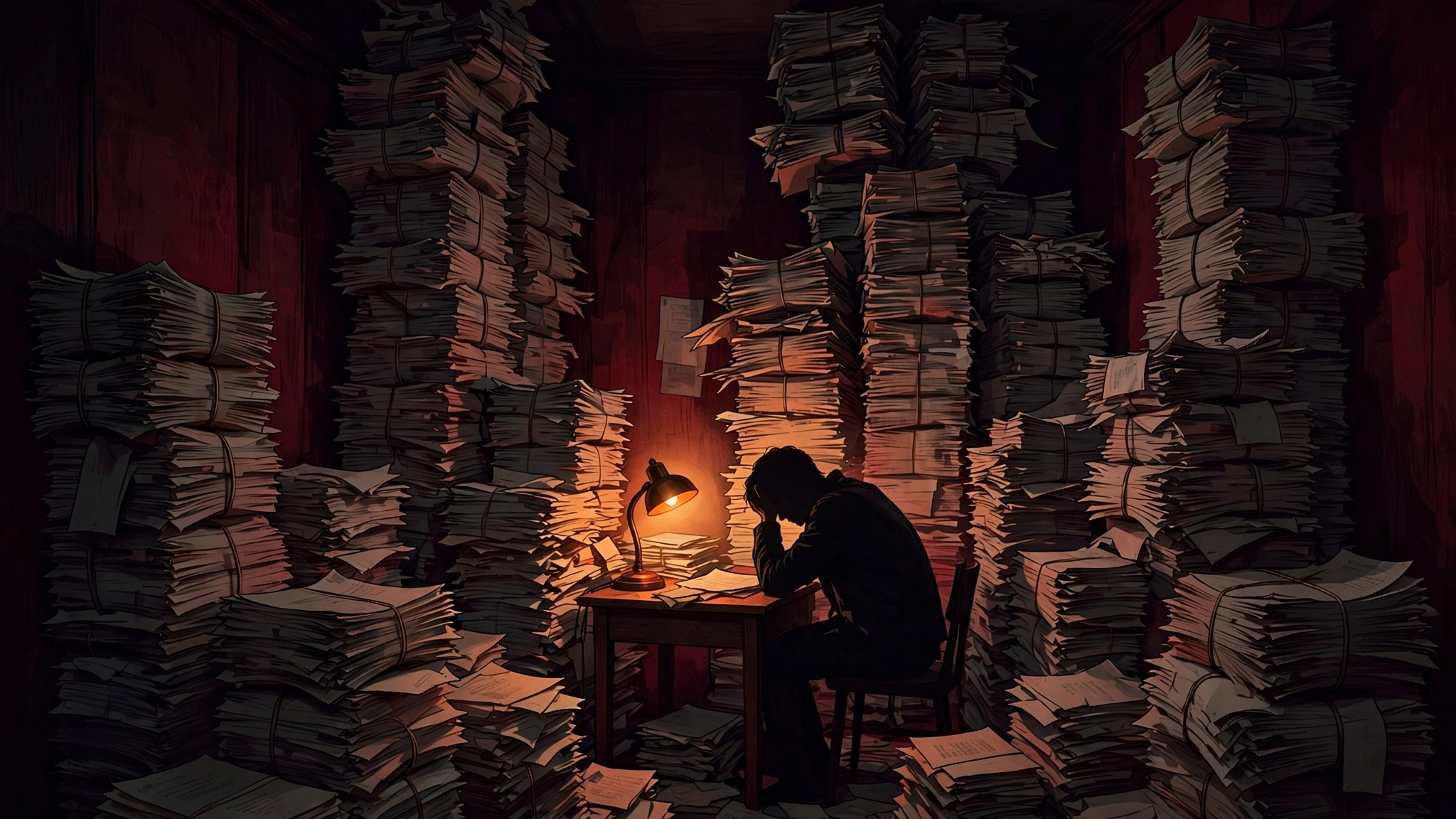 Editorial illustration of a volunteer moderator silhouetted at a desk buried under towering stacks of manuscripts