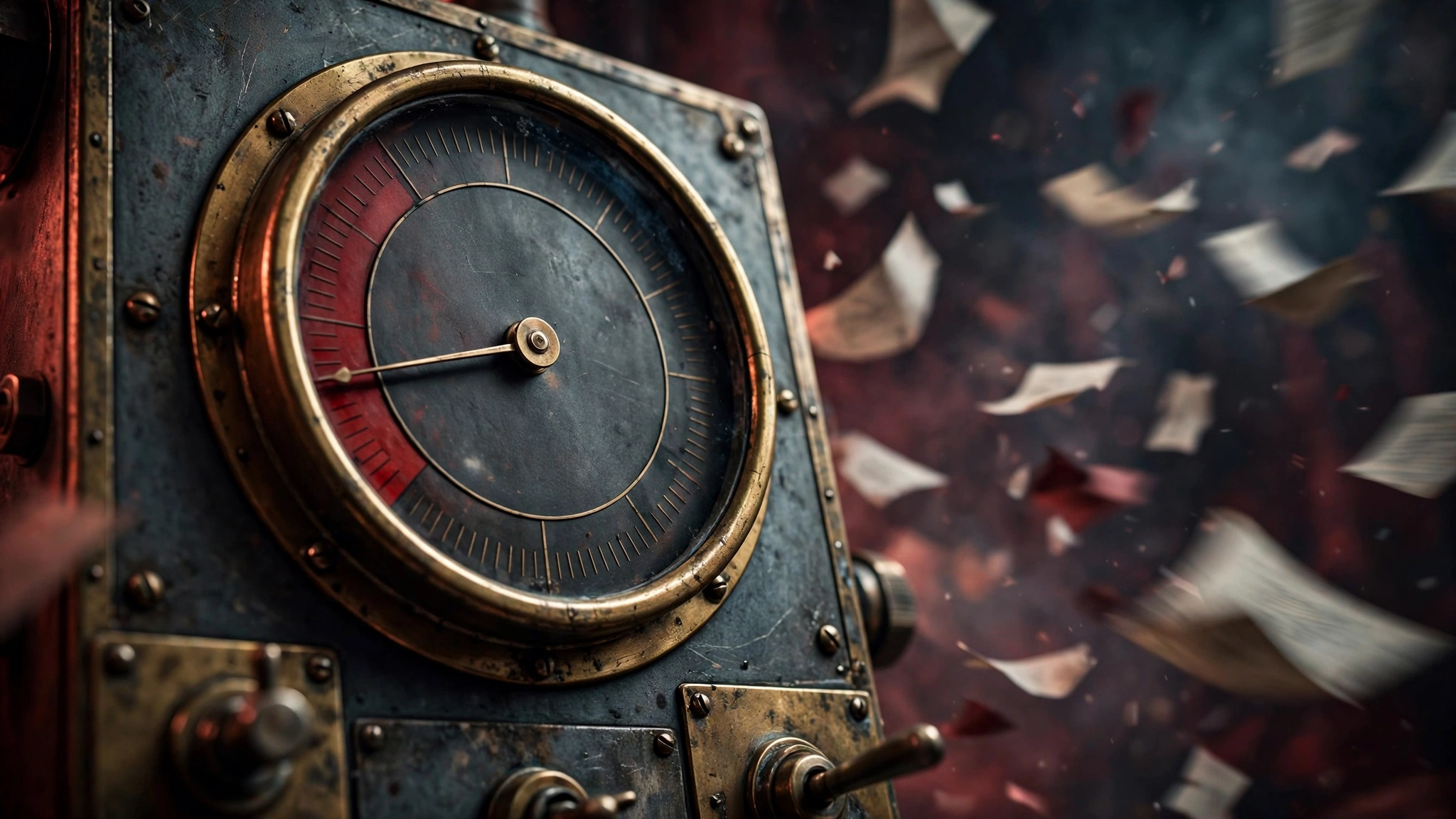 Editorial illustration of a gauge near its minimum with papers flying around it