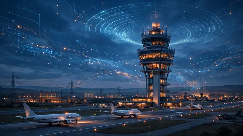 Air traffic control tower at dusk with glowing radar arcs and data streams over a busy airport