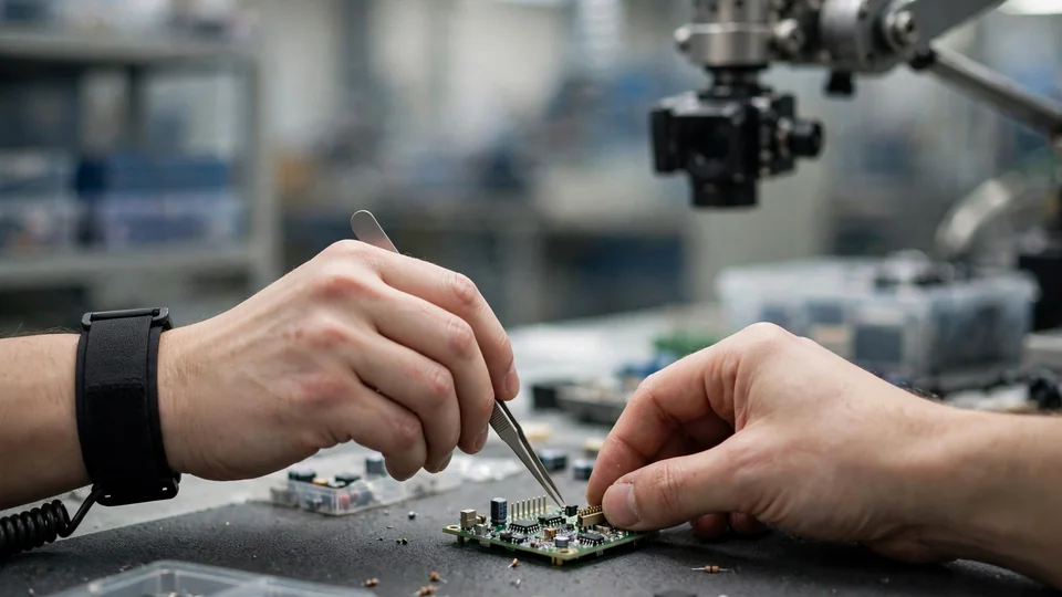 Operator's hands assembling an electronic device at a manual workbench under an overhead camera