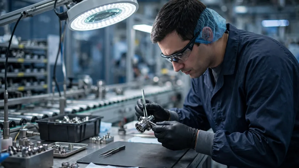 Technician inspecting a precision component under bright inspection lamps on a factory floor