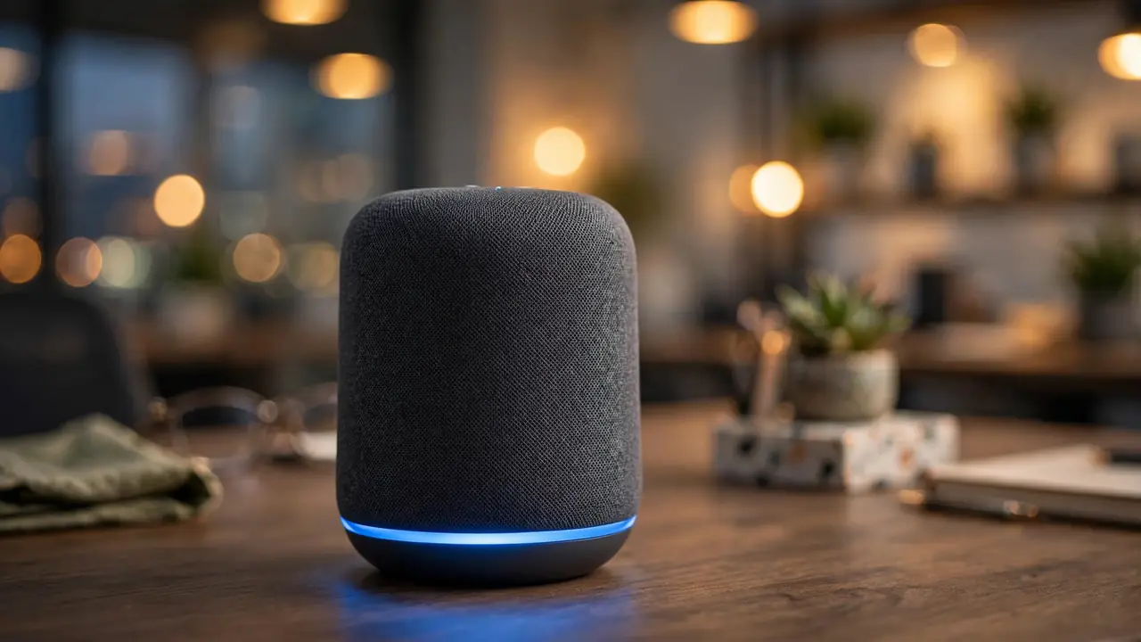 A smart speaker glowing on a desk, evoking voice AI products