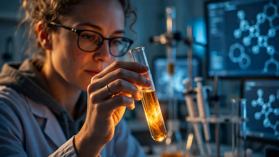 A researcher examining a glowing test tube in a laboratory