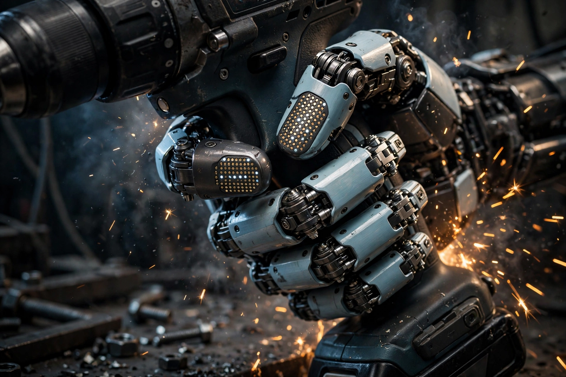 Illustration of a four-fingered robotic hand gripping the trigger of a power drill