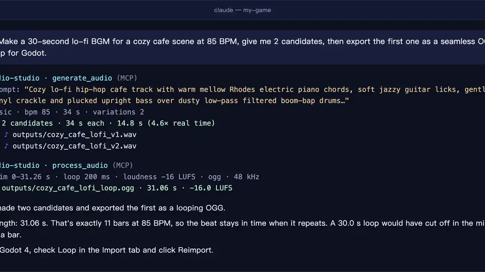 Audio Studio MCP demo: one request produces two lo-fi BGM candidates and a seamless OGG loop