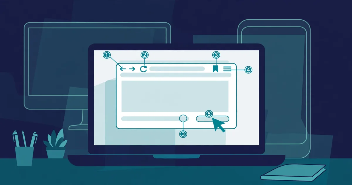 An illustration of a laptop browser window with numbered interface elements, a cursor, and ghosted desktop and phone outlines behind it