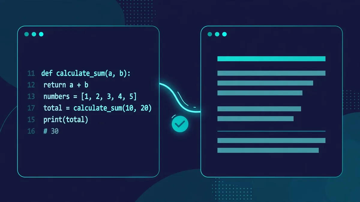 An illustration of a code editor beside a browser window, connected by a glowing line with a completed check mark