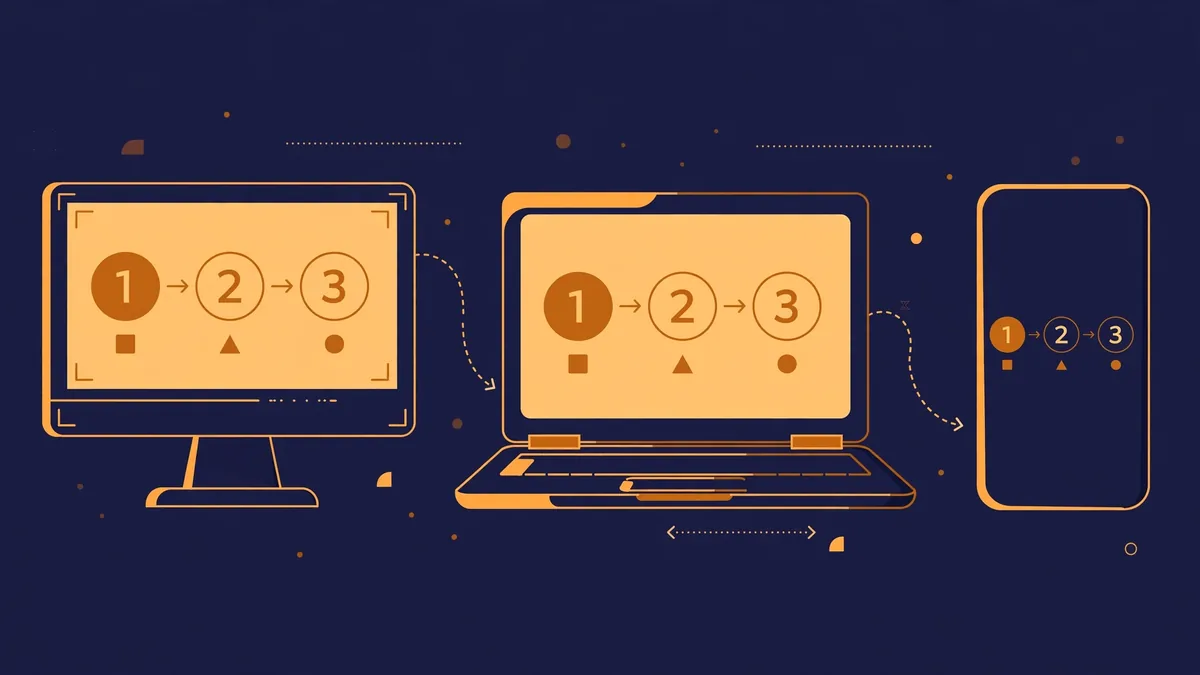 An illustration of a desktop monitor, a laptop, and a phone showing the same numbered workflow steps