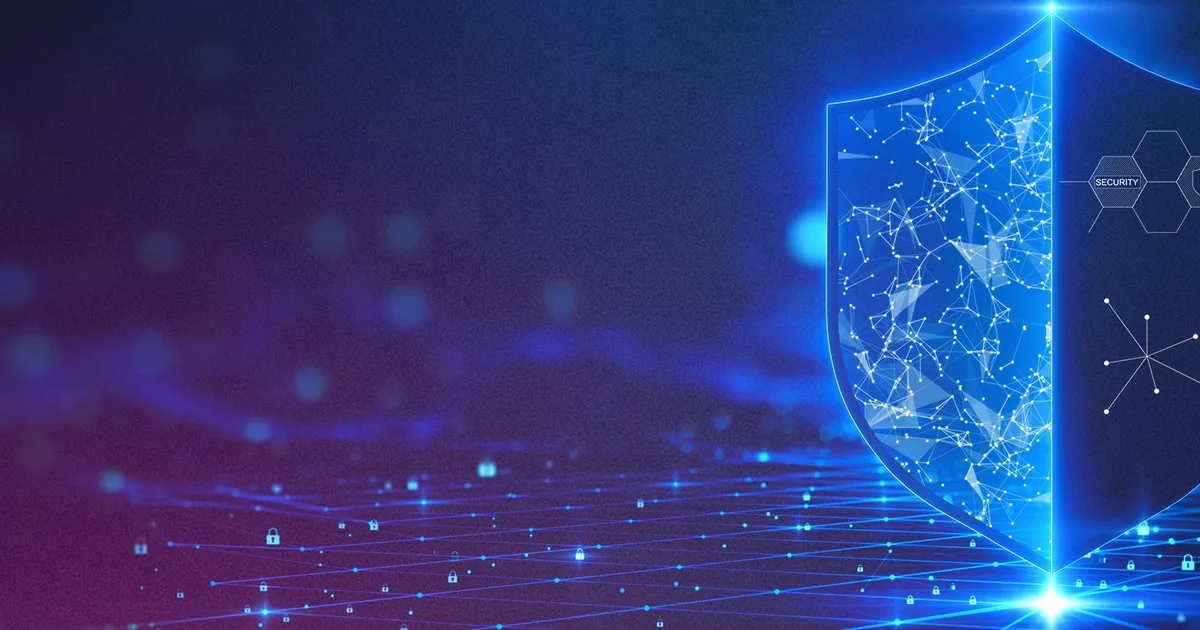 A glowing digital shield over a network, representing cybersecurity defenses