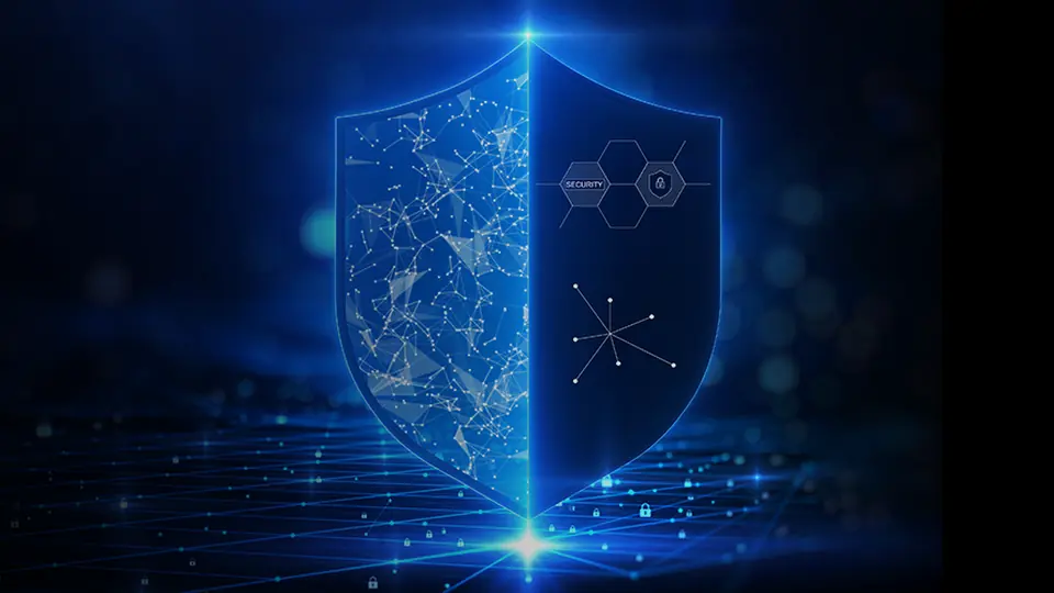 A digital security concept with a shield and network connections