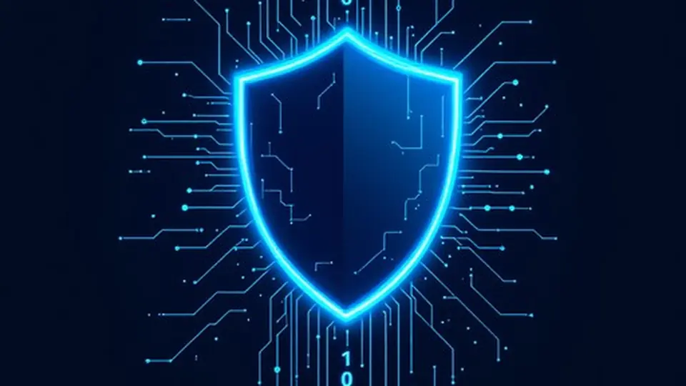 A cybersecurity shield over digital technology imagery