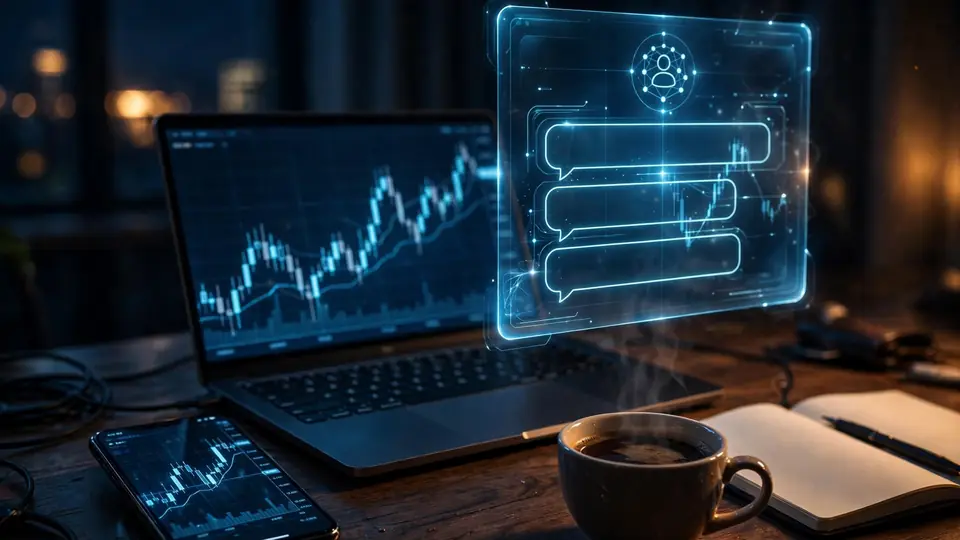 Trader's desk at night with a holographic AI assistant helping with trades