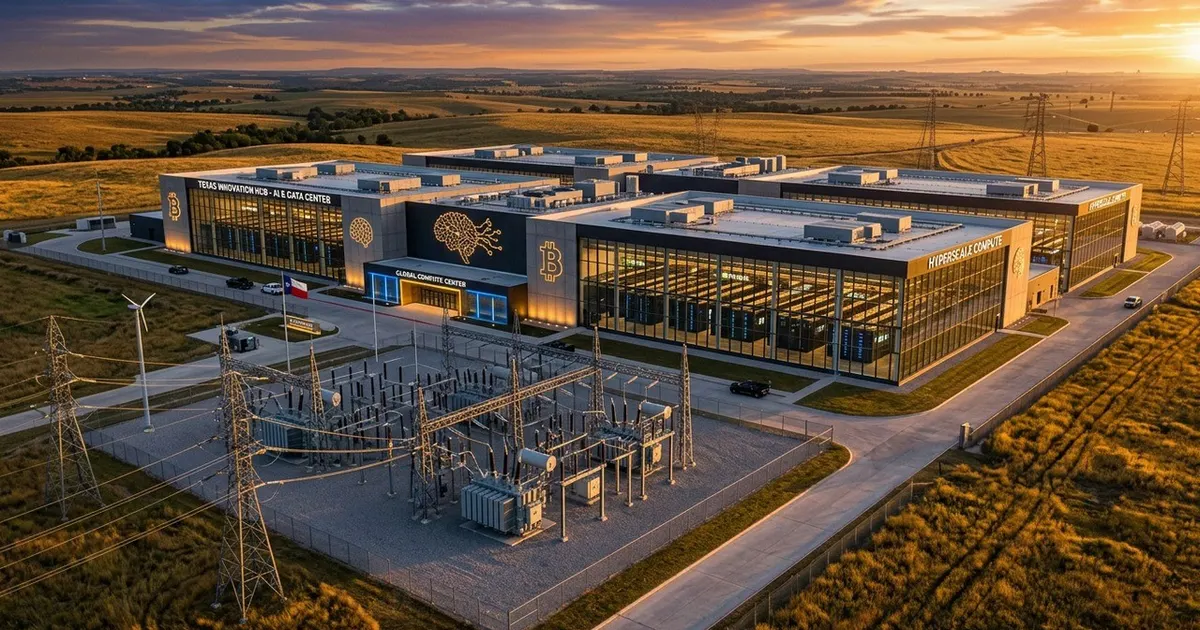 Aerial view of a Texas hyperscale AI data center campus at sunset, with a power substation and transmission towers