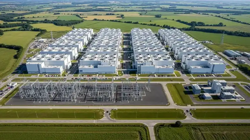 Aerial view of a sprawling multi-building data center campus with an electrical substation in the foreground