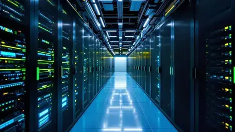 A corridor of NVIDIA GPU server racks lit in blue