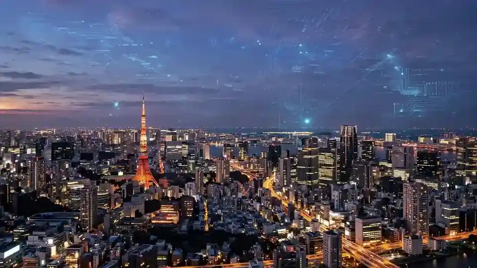 Tokyo skyline at dusk with circuit overlays, representing Japan's rise into the AI Pioneer tier