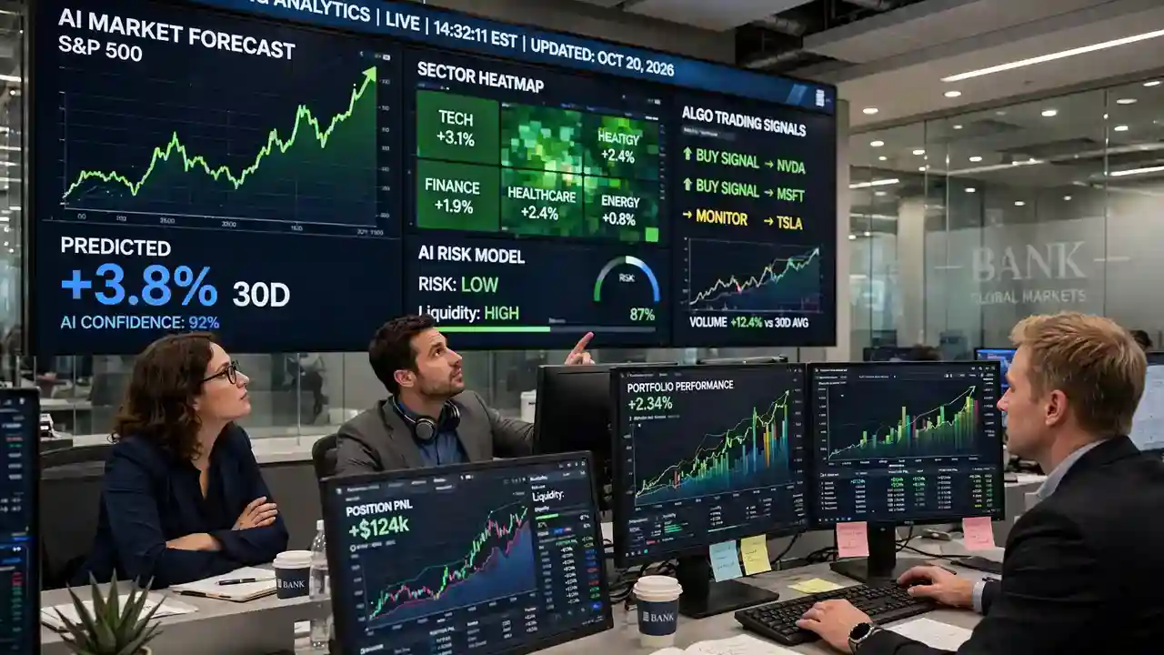 Bank analysts monitoring AI dashboards, reflecting financial services' high AI exposure