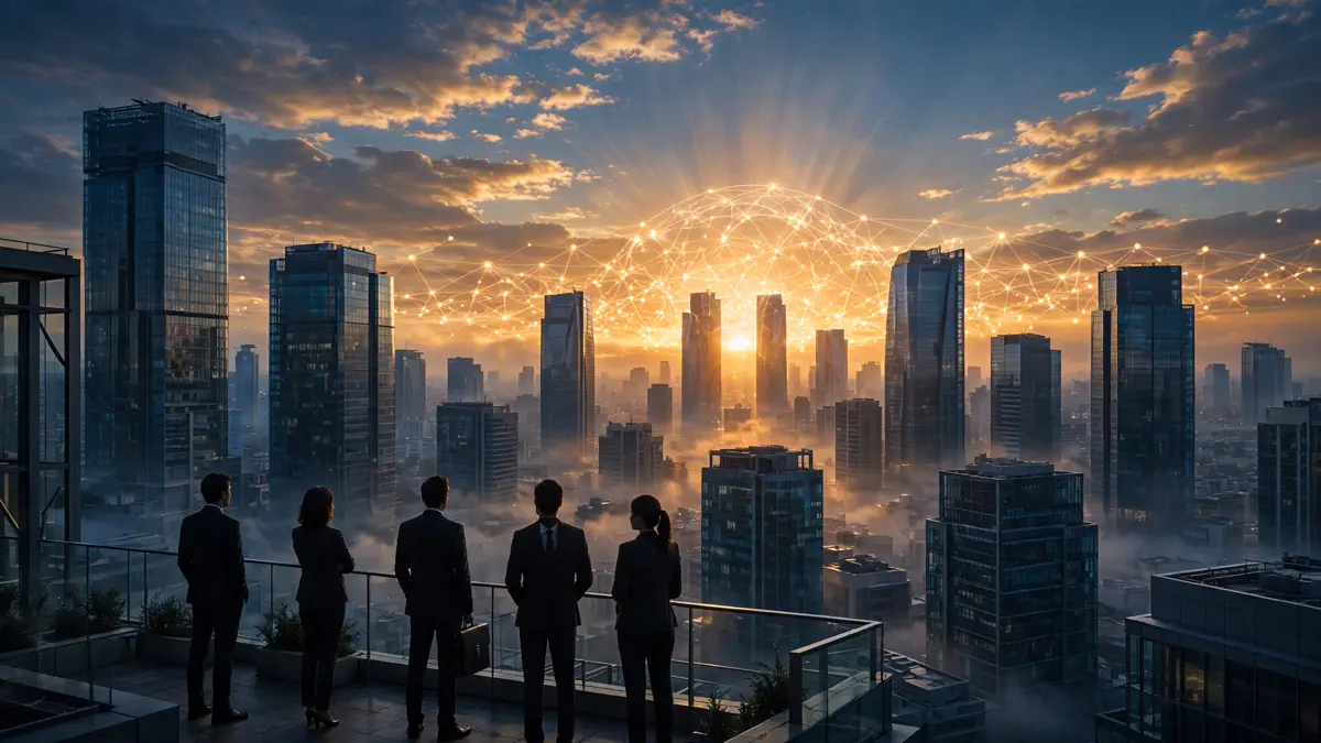 Editorial illustration: corporate towers at dawn with a glowing neural-network sunrise, business people watching from a rooftop