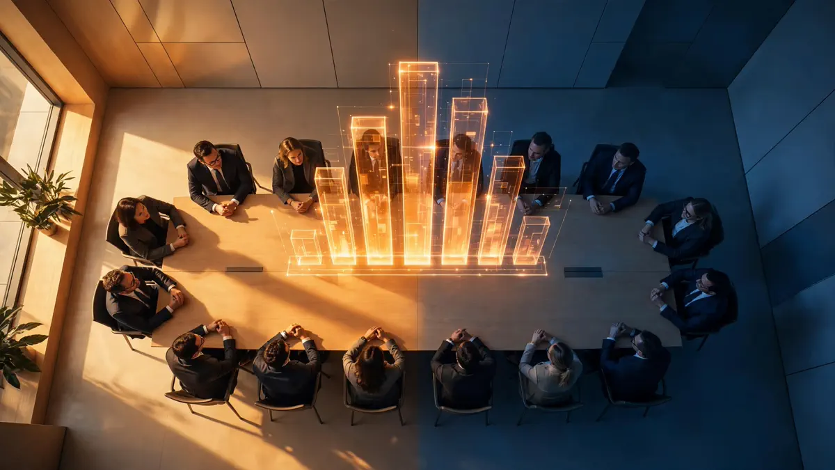 Editorial illustration: executives around a boardroom table studying a glowing holographic bar chart