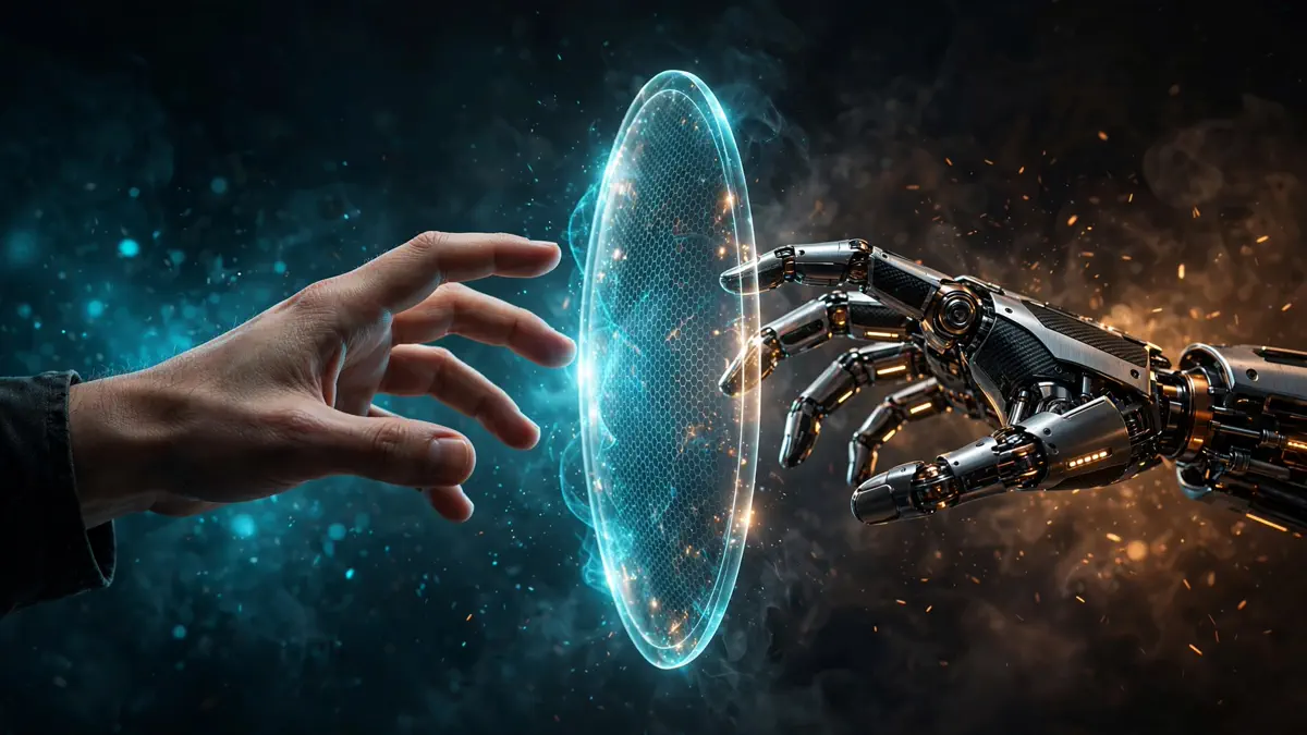 Editorial illustration: a human hand and a robotic hand reaching toward each other across a glowing shield