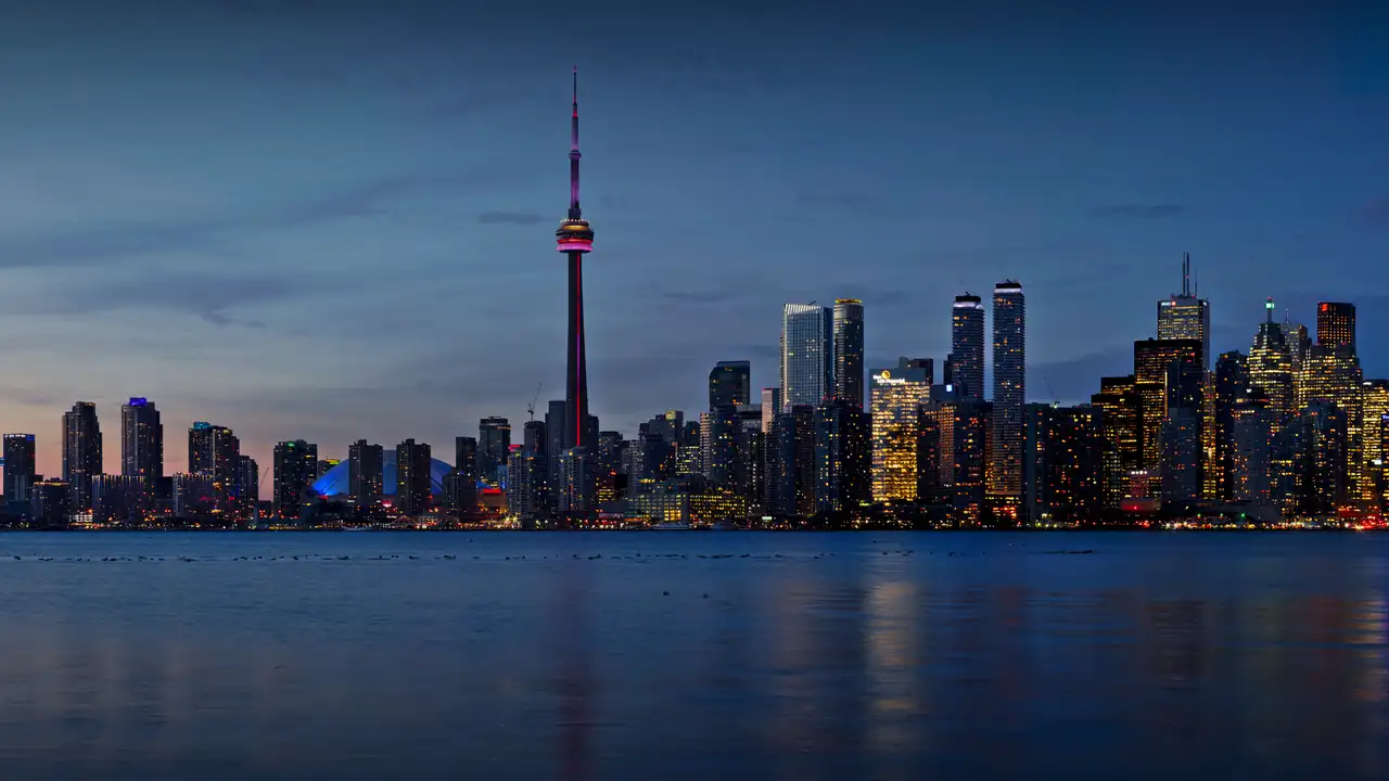 Toronto skyline at sunset with the CN Tower
