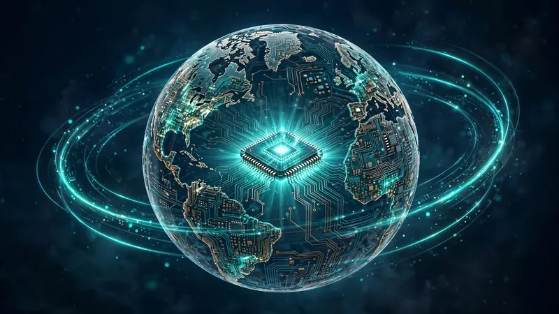 A globe rendered as circuit patterns with a microchip at its center