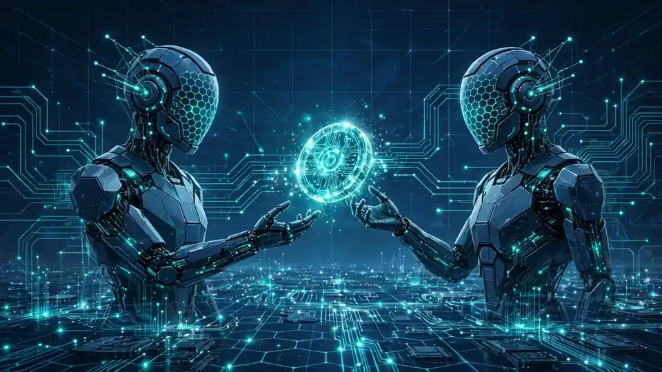 Illustration of two AI agents exchanging a glowing digital token over a telecom network grid.