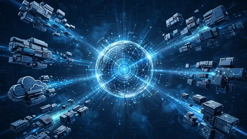 Illustration of fragmented telecom systems being unified into one shared commercial data hub.