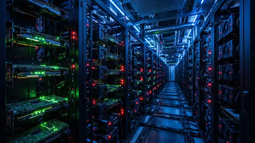 Illustration of AI data center server racks with glowing GPU accelerator cards.