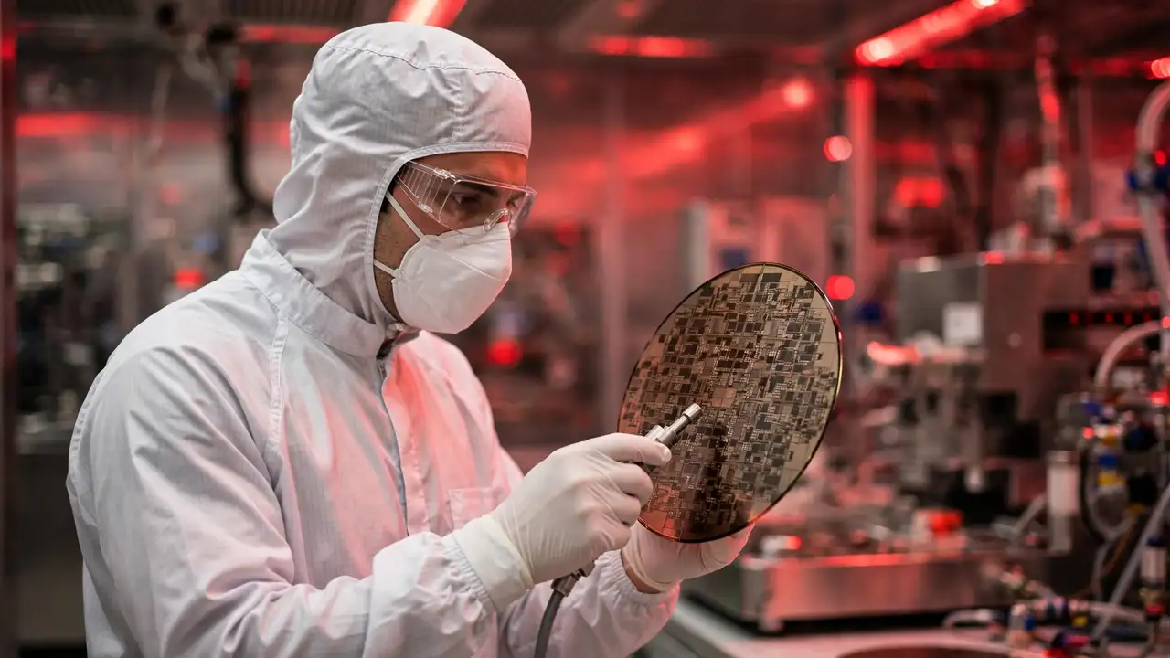 Illustration of an engineer inspecting a silicon wafer in a semiconductor cleanroom under red lighting.