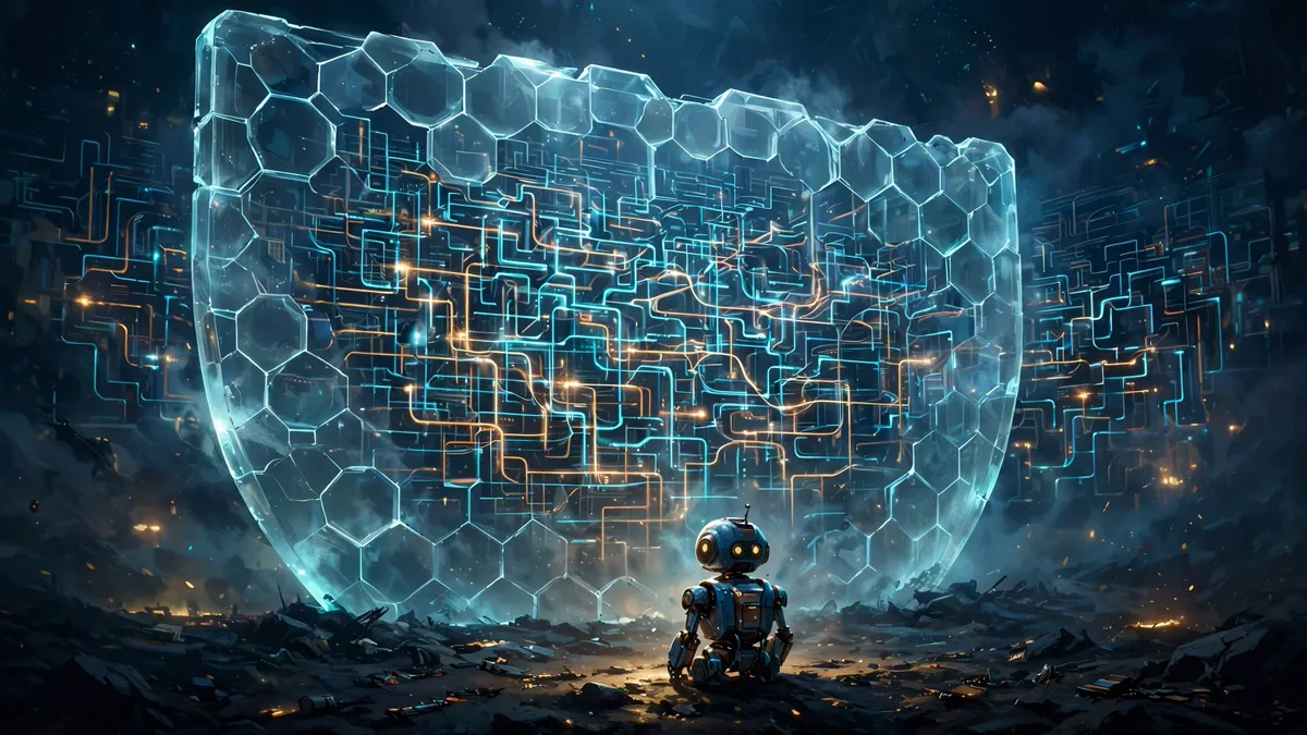 A small robot halted before a huge translucent shield wall covering a maze of glowing code paths