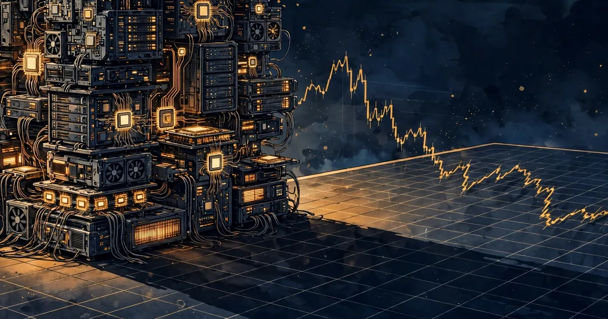 A towering stack of glowing AI computer chips casting a long shadow over a falling stock-market chart