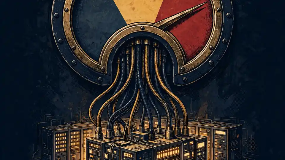 A large gauge with its needle pointing into a red zone, cables running into a glowing data center