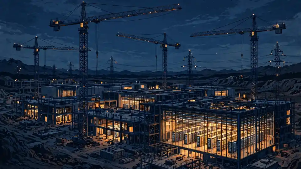 Construction cranes building a vast data center under a night sky, with glowing server halls