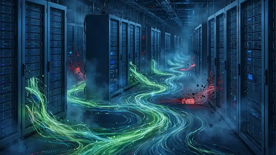 Server racks in a data center with green and red traffic streams flowing between them