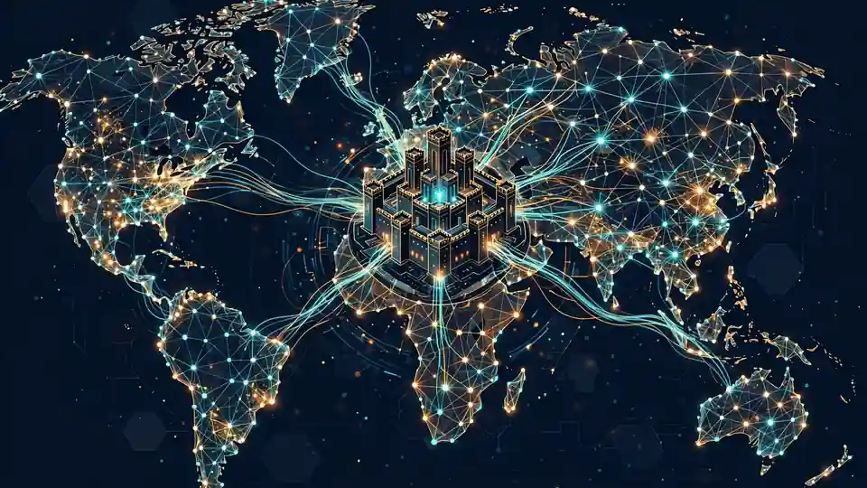 Network nodes across continents connected by glowing data highways converging on a fortress hub