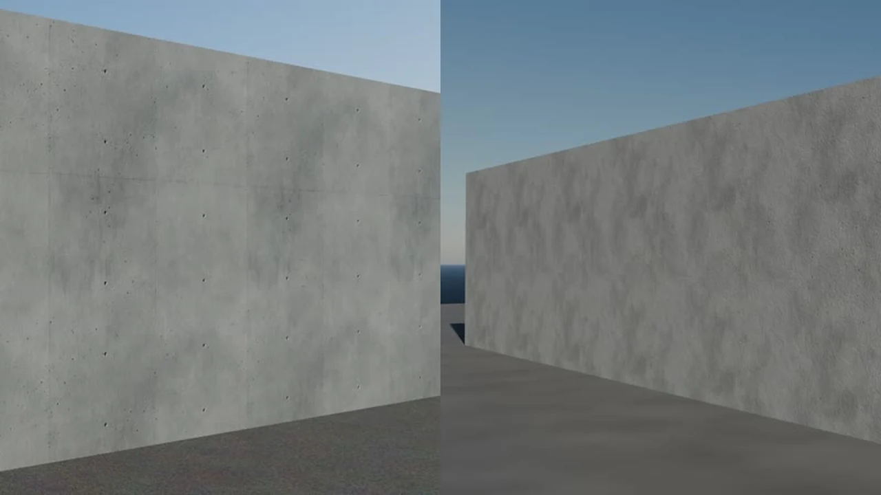Concrete wall render, without skills on the left and with skills on the right