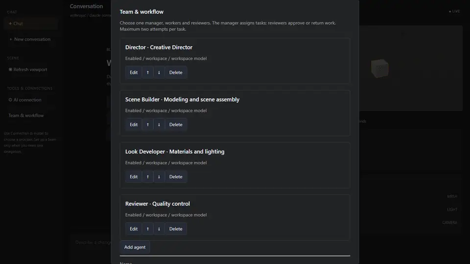 Agent team configuration: manager, workers and reviewers with per-role models and instructions