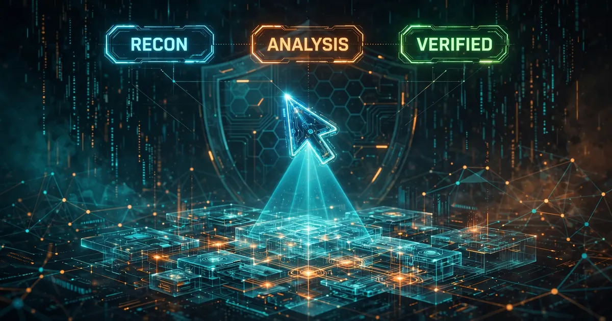 A glowing AI agent cursor scanning a codebase X-ray style, with recon, analysis and verified tiers above a dark cyber-operations scene