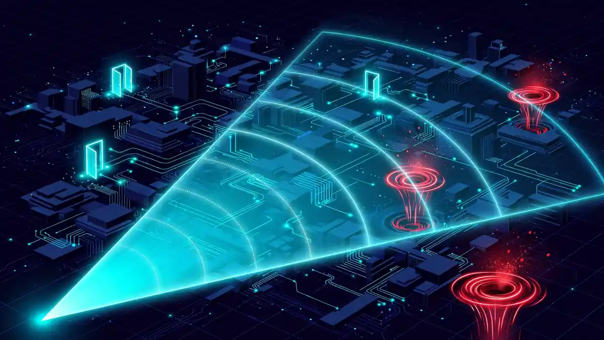 A radar sweep mapping the attack surface of a codebase, with unauthenticated entry points and dangerous sinks lighting up