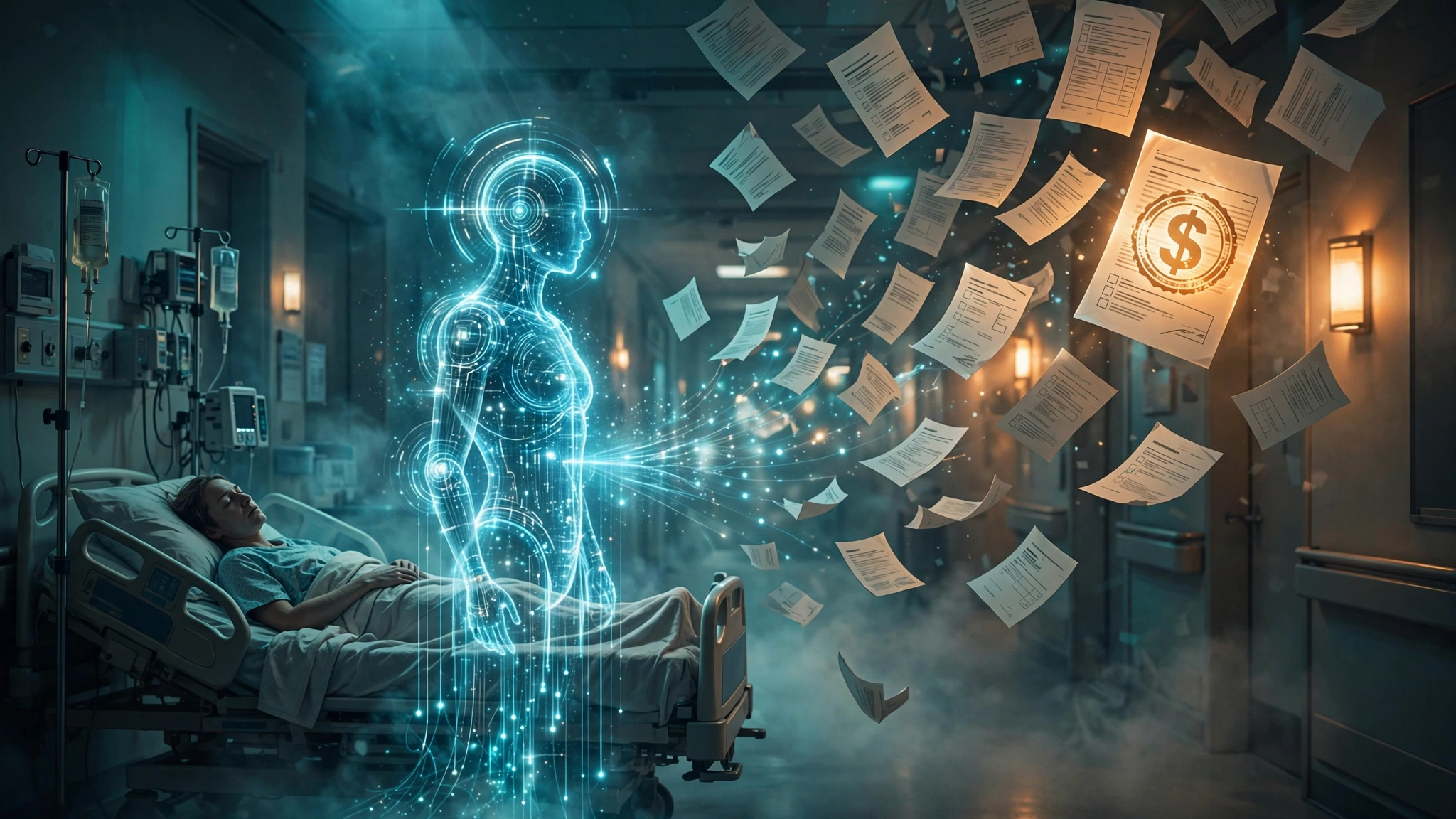 An AI hologram in a hospital ward generating a cascade of medical billing documents, one stamped with a dollar seal